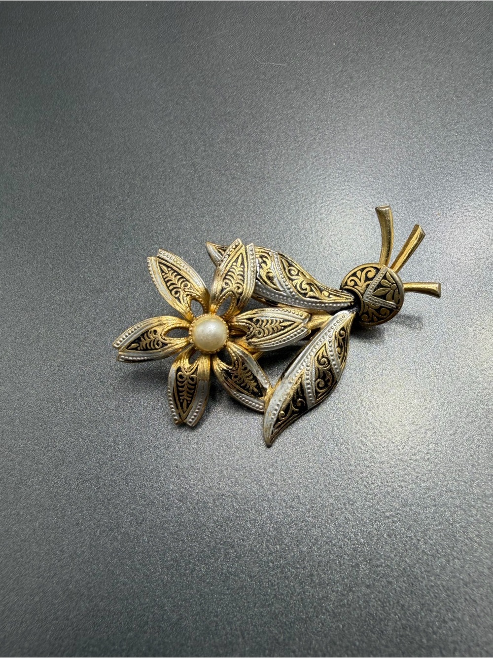 Vintage Damascene Floral Brooch #6DA